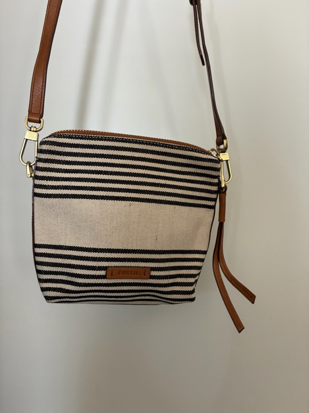 Fossil Black & Cream Striped Canvas Crossbody Bag